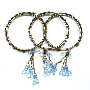 3 Blue Brass Metal Bracelets Hanging Charms NWOT